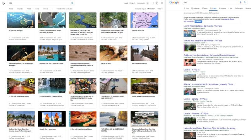 Resultados de la búsqueda de vídeos en Bing y Google
