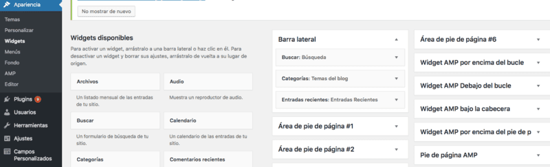 Widgets disponibles en WordPress